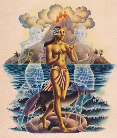 Cover of Lyall Watson's 'Gifts of Unknown Things' (1980, Coronet Books/Hodder & Stoughton; artist uncredited!); an Indonesian dancer flanked by two ghost-girls; volcano erupts on horizon. Click to enlarge.