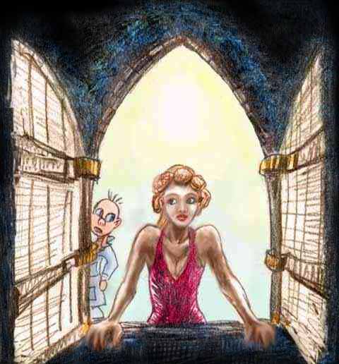 Mary Shelley stares moodily  out a gothic window, as Elmer Fudd peers at her