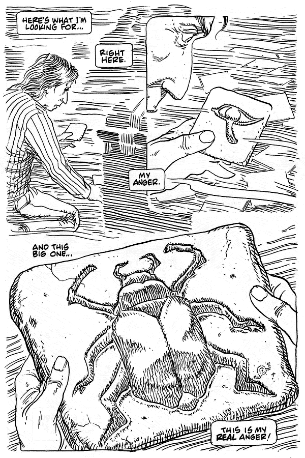 I find an Eye of Horus and a big stone scarab; dream comic by Rick Veitch.