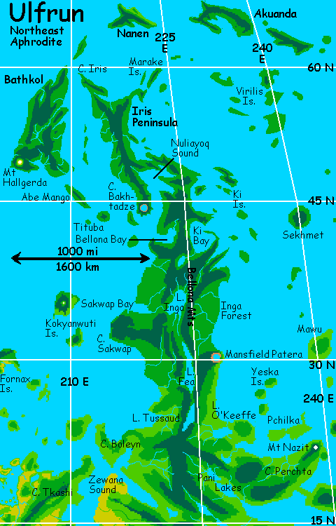 A map of Ulfrun subcontinent (northeastern Aphrodite), on terraformed Venus.