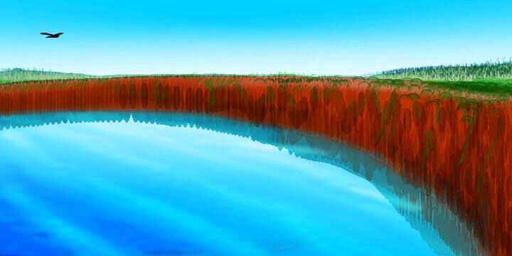 Arc of red cliffs over still, deep water. Payne-Gaposchkin Caldera, a flooded volcanic vent on Payne Island off southern Aphrodite, on Venus after terraforming.