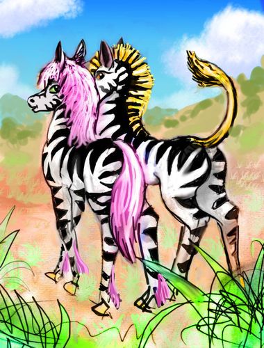 Two maned-dyed prezebras, sapient hybrids of Przewalski's horse and zebra, on Venus after terraforming. Click to enlarge.