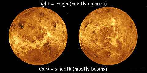 Topographic radar scans of Venus, showing the stringy, ridgy surface. Light = rough (mostly highlands), dark = smooth (mostly basins)