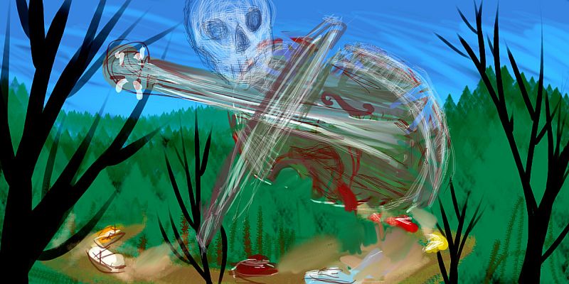 Fiddler and violin run over in campground; dream sketch by Wayan. Click to enlarge.