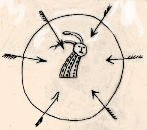 Arrows jab shaman; dream sketch by Catherine Wabose.