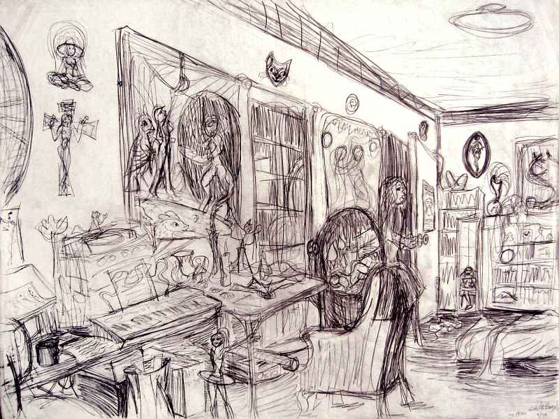 Line drawing of Wayan's studio: workstations. Click to enlarge.