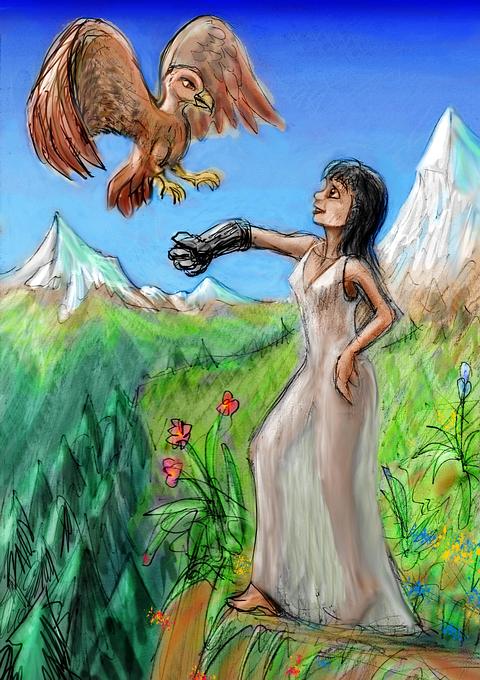 Eagle & woman with falconer's glove, in high mountains. Dream sketch by Wayan.